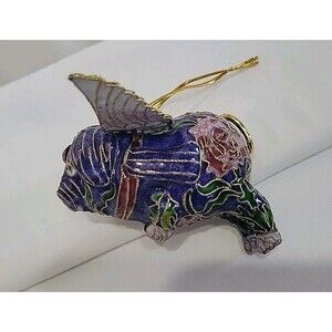 Value Arts Cloisonne Flying Pig Ornament Enamel Blue Purple Rose Original Box